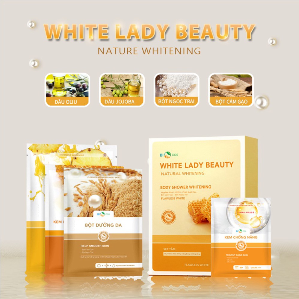 Set Tắm Trắng - White Lady Beauty Natural Whitening 4 Gói - 5 Bước Chống Lão Hóa - Tái Tạo Da 100ml