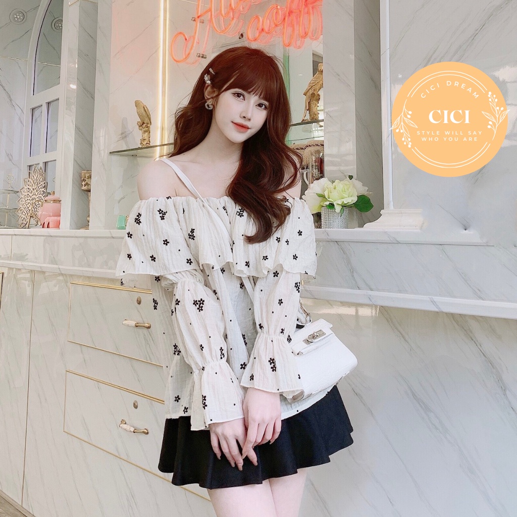 Áo croptop trễ vai hoa nhí tay dài, Áo croptop trắng trễ vai bèo sang chảnh nàng thơ phong cách Hàn Quốc