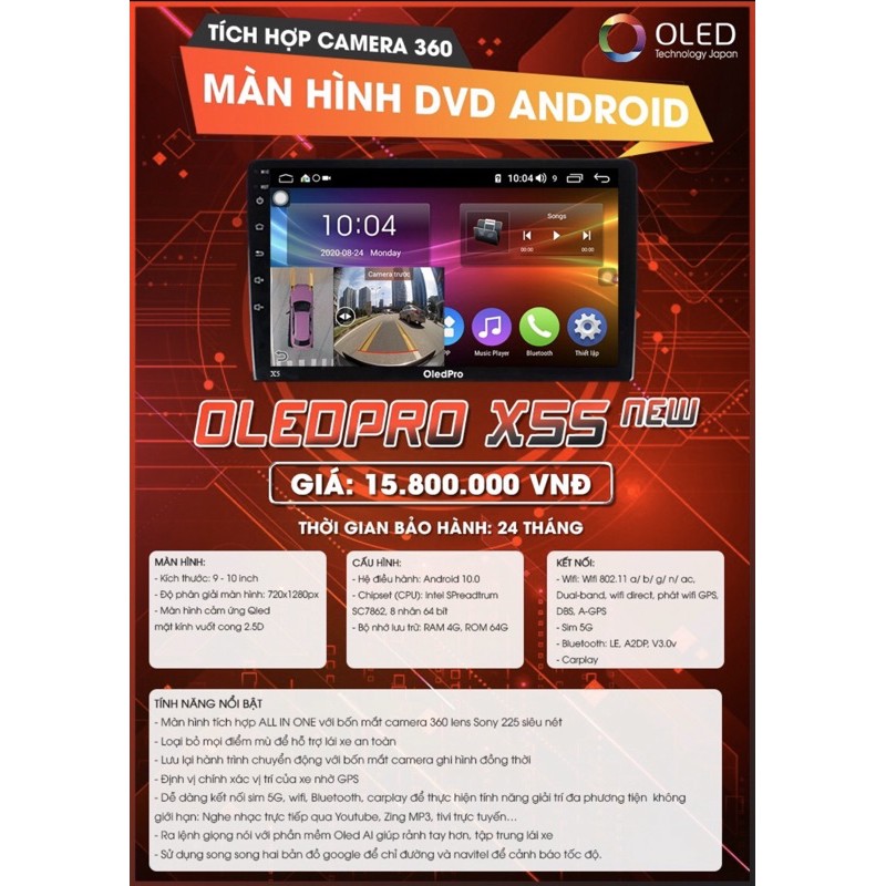 Màn hình android OLED PRO X5s New - liền camera 360