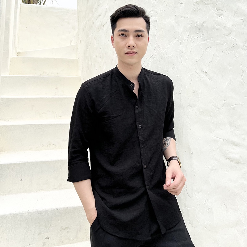 Áo sơ mi nam dài tay cổ tàu dáng ôm body hàn quốc vải mịn mát, áo so mi nam dai tay cổ trụ không nhăn A01
