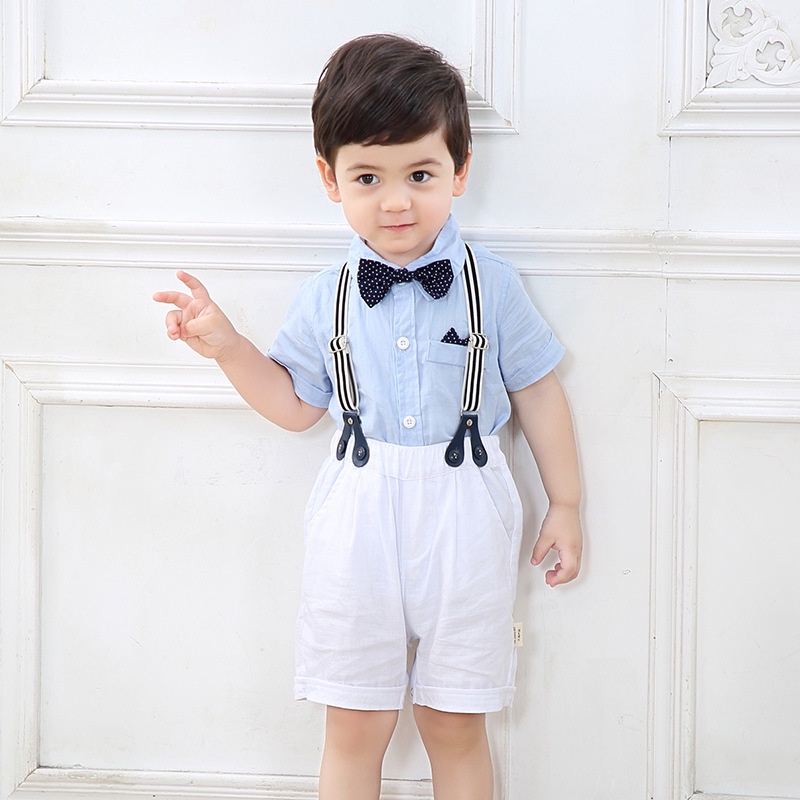 Quần áo sơ sinh cho bé trai  áo sơ mi xanh quần yếm short trắng vải lụa mềm mại thoải mái cho bé vận động