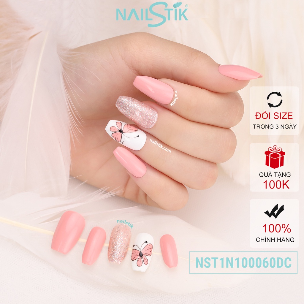 Móng úp thiết kế by NAILSTIK, màu hồng da, form móng coffin, dài, 060