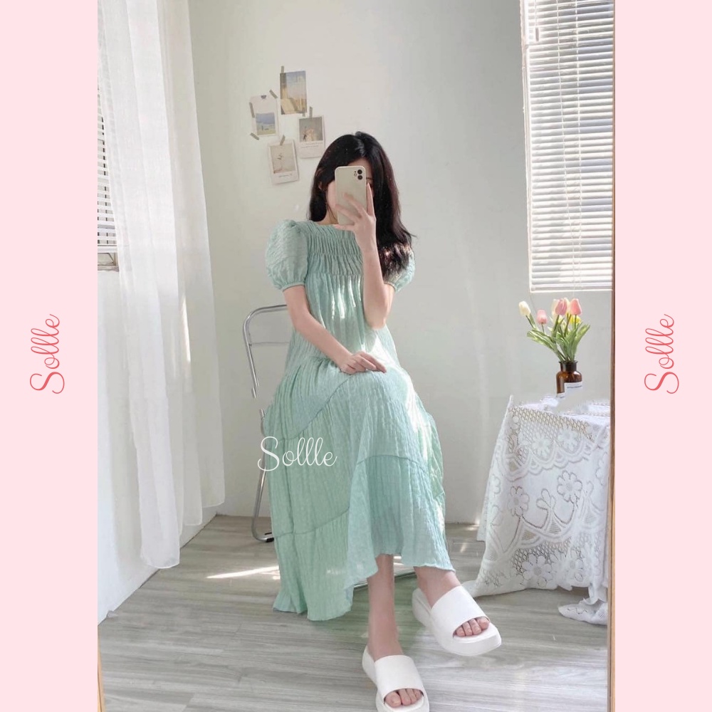 𝐗𝐚̉ 𝐤𝐡𝐨 - Đầm bèo nhún ngực dáng xoè tay bồng váy xốp nhăn nhiều màu nữ tính Sollle
