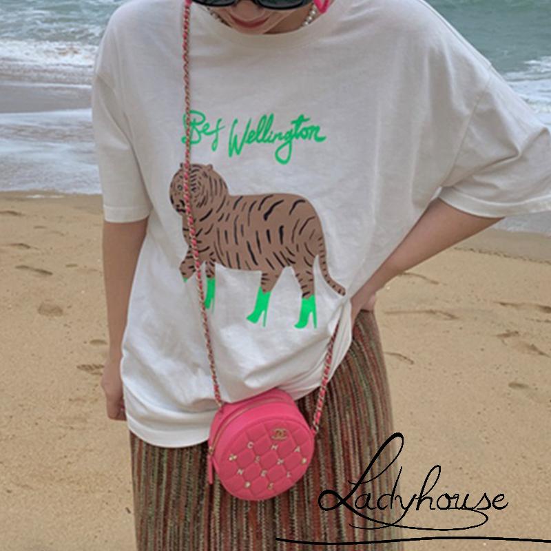 Áo Thun Tay Ngắn Cổ Tròn In Họa Tiết Hổ Và Chữ Thời Trang Cho Nữ