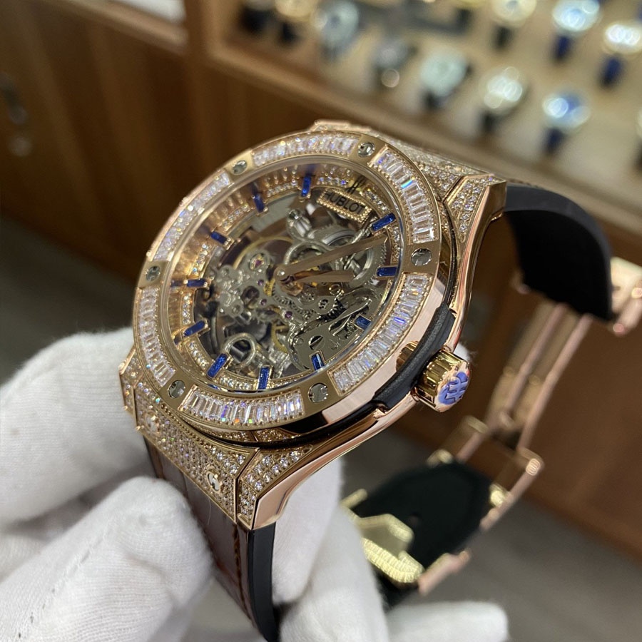 Đồng hồ Nam Hu-lot máy nhật- mẫu lộ cơ viền trắng đính full đá- Đồng hồ cơ Automatic size 42mm-43mm