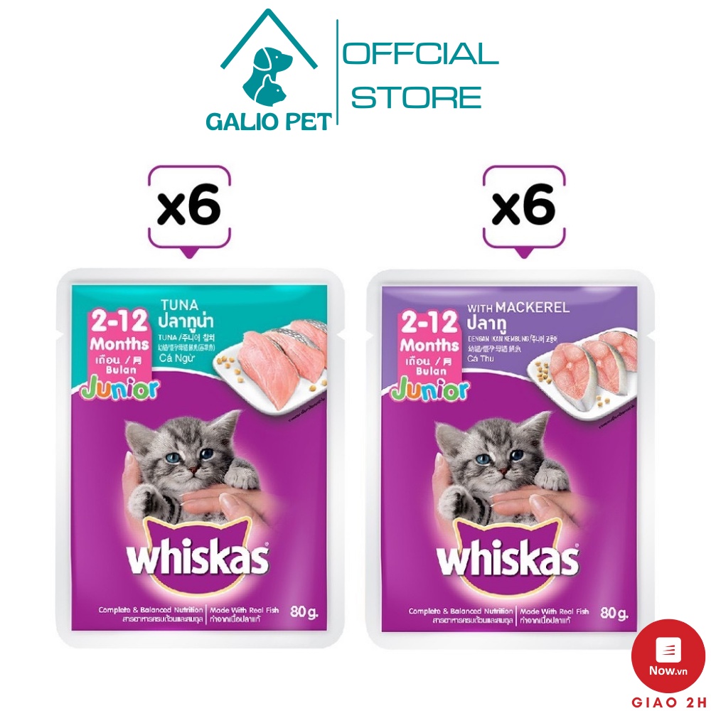 Combo 12 túi Pate WHISKAS® cho Mèo Con mix vị Cá Ngừ + Cá Thu ( 6+6) túi 80g