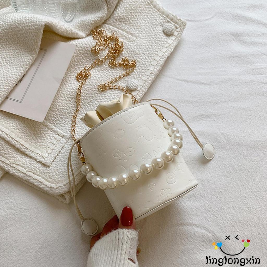 ❃Dn☽Túi Xách Dây Rút Đeo Vai Họa Tiết Dập Nổi Phong Cách Cổ Điển Phối Ngọc Trai Thời Trang Cho Nữ