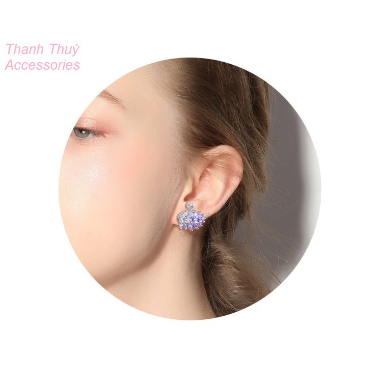 Bông tai bạc 925 thiên nga đính đá zircon tím, vàng, hồng