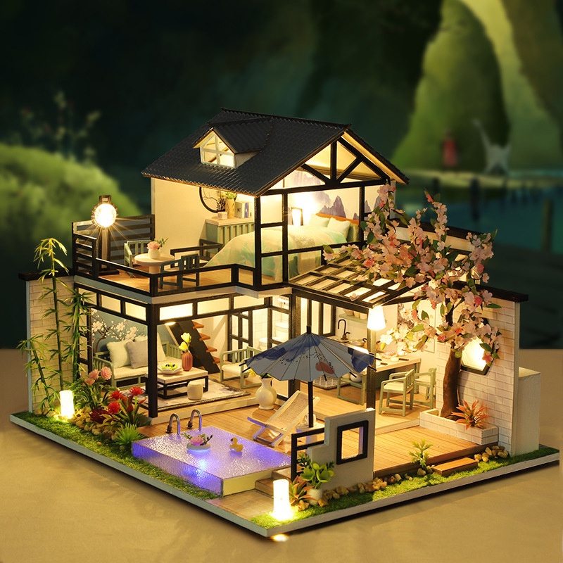 DIY Lắp Ráp Nhà Búp Bê Phong Cách Cổ Có Hồ Bơi Và Dù Thủy Mặc Trong Sân P011-B