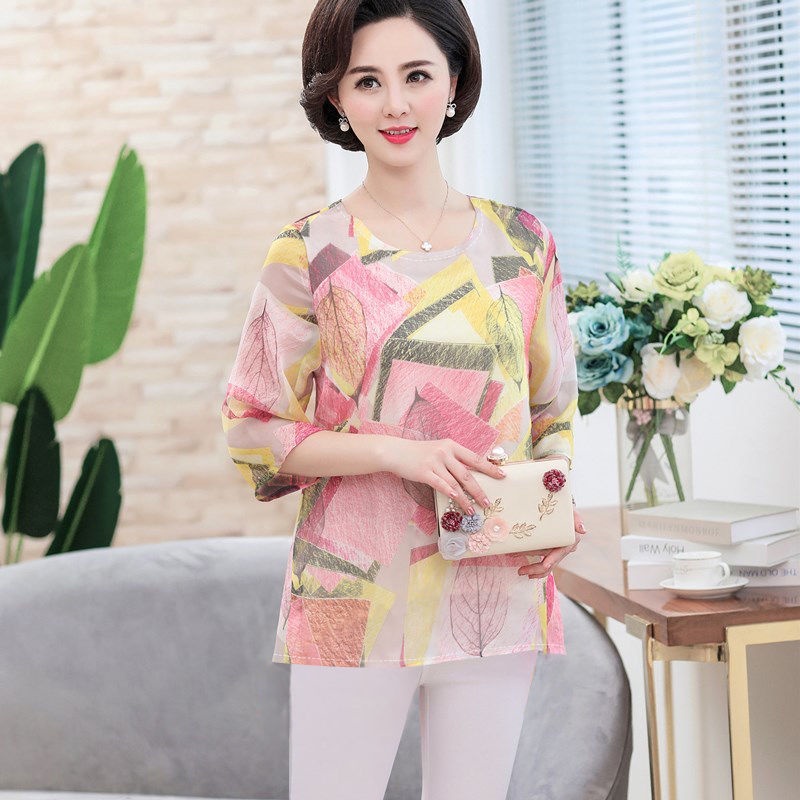 Áo thun ngắn tay in hình lớn băng lụa cao cấp mùa hè cho người mẹ phụ nữ trung niên