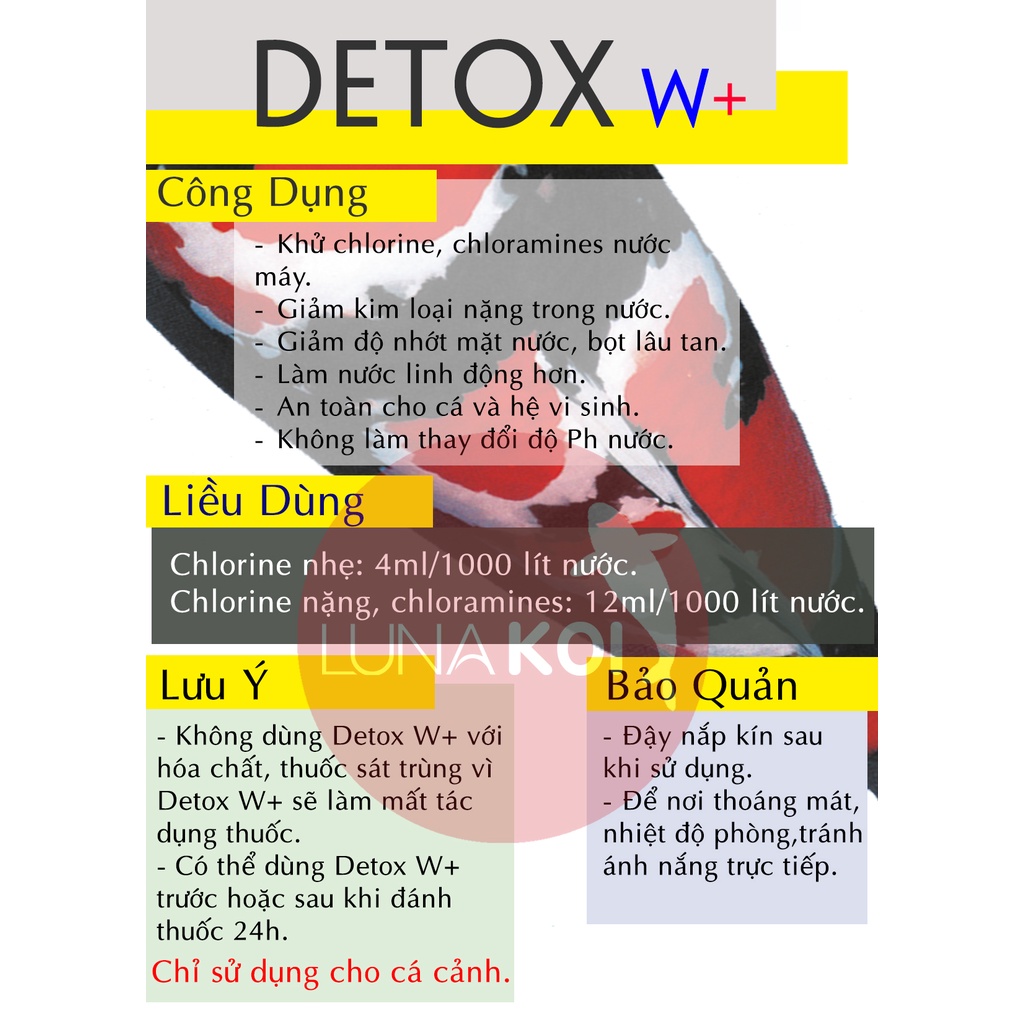 Detox W+ khử Clo nước máy, giảm kim loại nặng hồ cá cảnh, cá Koi, cá vàng, cá rồng, cá la hán, cá betta, cá bảy màu