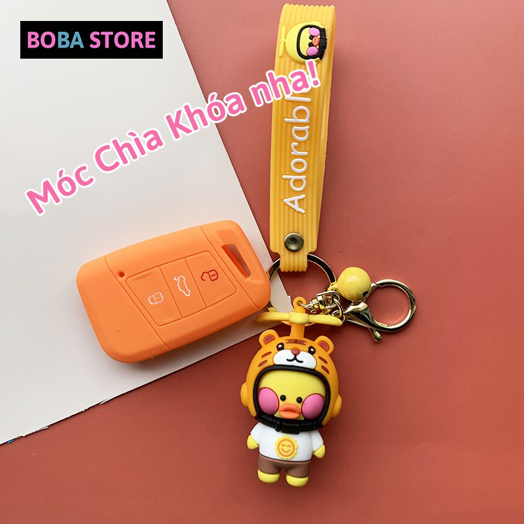 Móc Khóa Cute treo chìa khóa balo dễ thương Boba Store Móc vịt đội nón bảo hiểm silicon đẹp