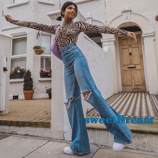 Quần Jean Nữ Lưng Cao Ống Loe Rách Gối Thời Trang