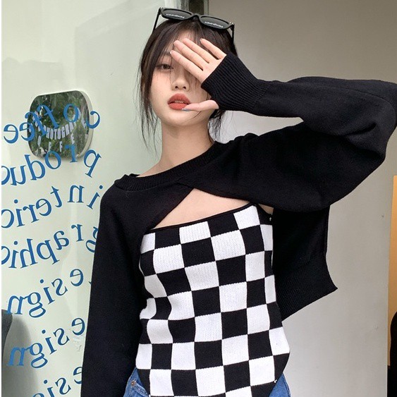 QADCOL Set áo hai dây và áo khoác len họa tiết ca rô thời trang dành cho nữ