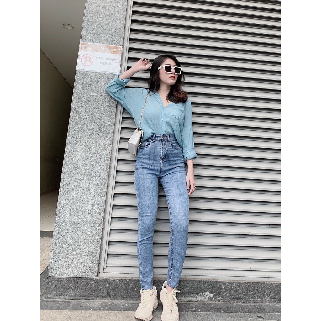 Quần jean dài nữ túi kiểu bầu lưng cao vải co giãn mạnh ảnh mẫu thật