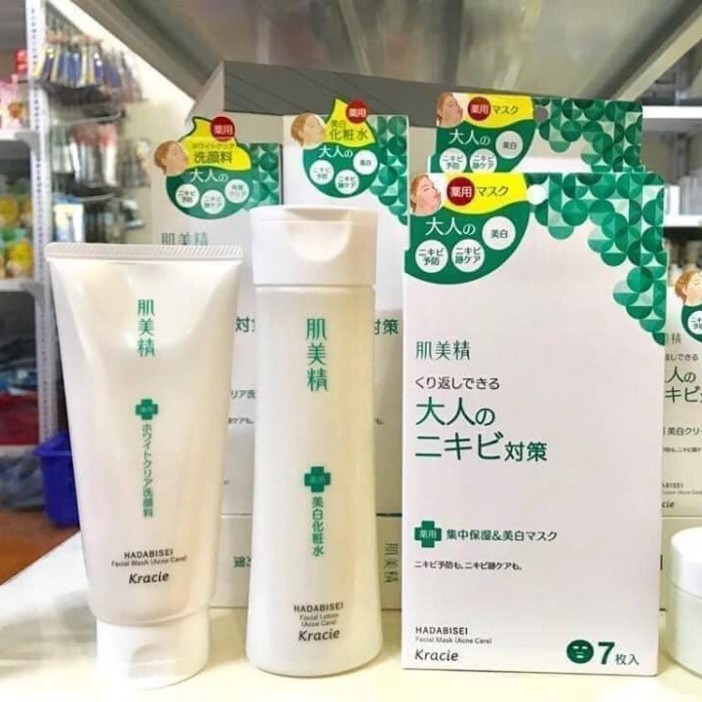 TRỌN BỘ Kem Dưỡng / Sữa Rửa Mặt / Toner Giảm Mụn Dưỡng Trắng Kracie Nhật Bản Hadabisei Facial Cream (Acne Care)  - ensho