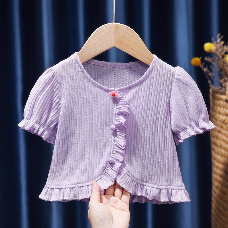 Áo Thun Cotton Mỏng Tay Ngắn Viền Xếp Nếp Màu Trơn Thời Trang Mùa Hè Cho Bé Gái 2-6 Tuổi