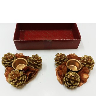 Bộ 2 chân nến trang trí, đế đèn cầy trang trí noel với trái thông thật phủ kim tuyến. VM189