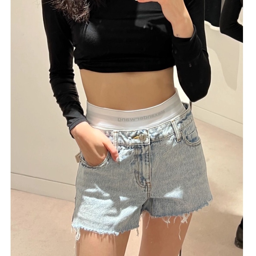Aw 2021 Mới Quần Short Denim Giặt Eo Thấp Co Giãn