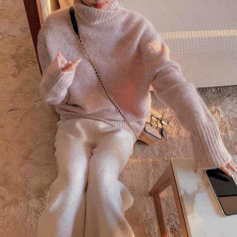 Áo Sweater Dệt Kim Cổ Lọ Dáng Rộng Màu Trơn Thời Trang Thu Đông Hàn Quốc Cho Nữ