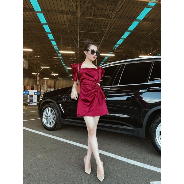 Đầm dự tiệc cổ vuông tay phồng phi xếp li đắp tà | BigBuy360 - bigbuy360.vn