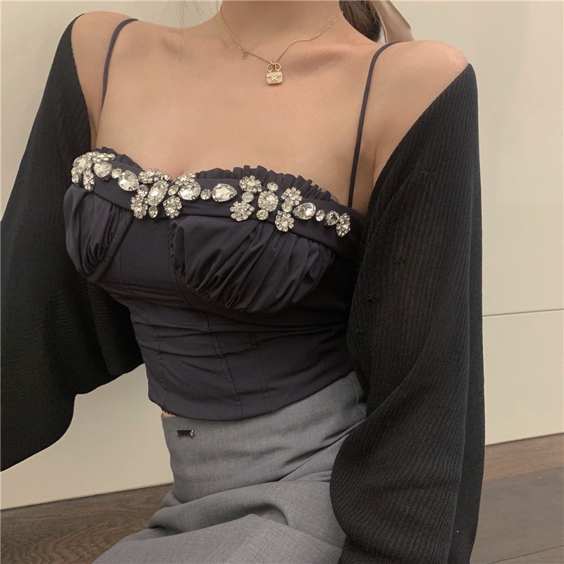 DUNEA Áo Hai Dây/Áo Khoác Cardigan Mỏng Đính Đá Quyến Rũ Cho Nữ Có Bán Lẻ