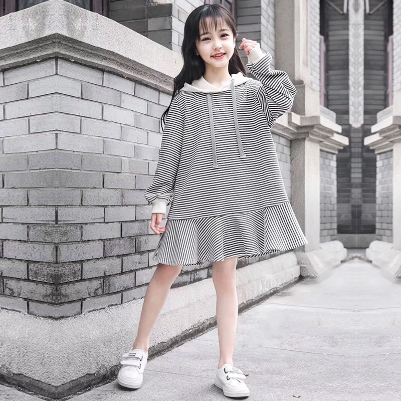 Đầm dáng rộng họa tiết kẻ sọc thời trang mùa thu cho bé gái tùy chọn màu sắc