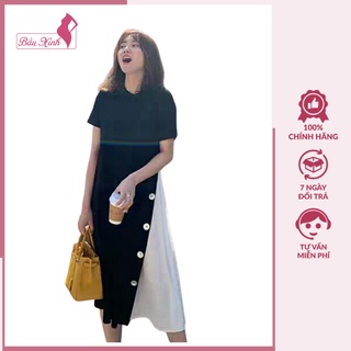 Váy bầu thiết kế - đầm bầu suông màu đen phối vạt trắng 4 cúc chéo