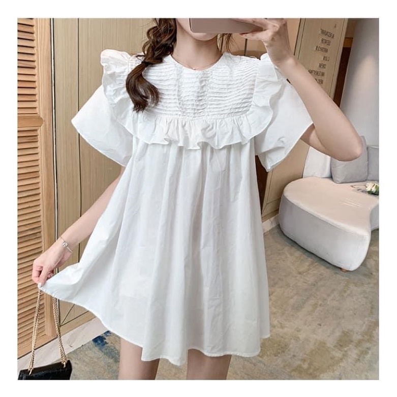 Áo babydoll trắng ngắn tay dáng giấu quần cổ bèo vuông Ulzzang