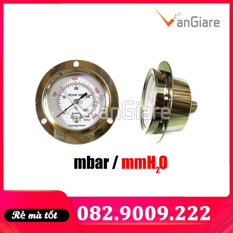 [Đủ size, hàng chuẩn] Đồng hồ đo áp suất thấp mbar, dùng cho khí, gas, chân ngang, Badotherm