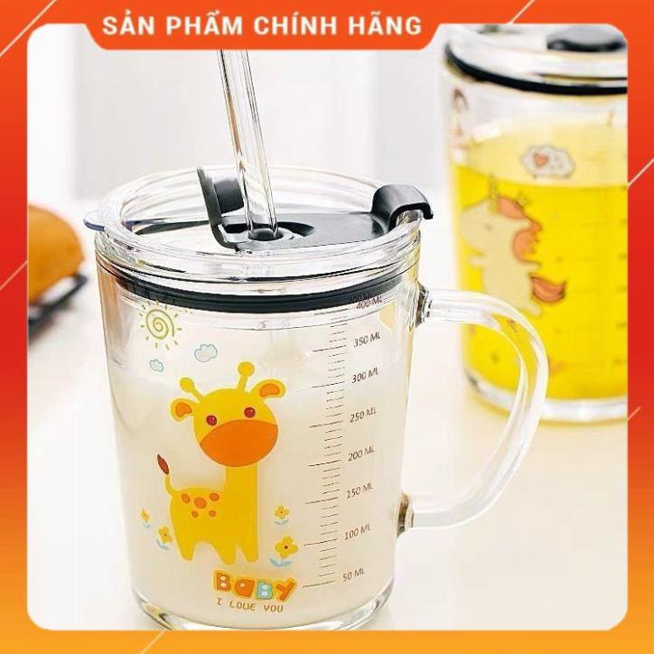 Ly Thủy Tinh Nắp Đậy Kẻ Vạch Tặng Kèm Ống Hút Dùng Uống Sữa , Nước Trái Cây 400ml