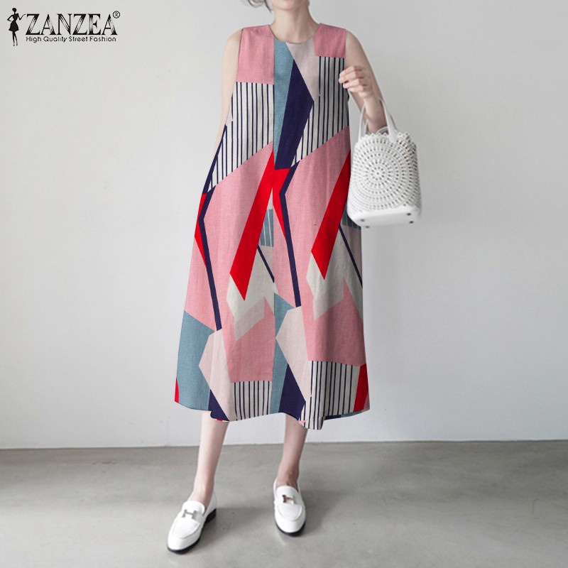 Đầm Midi Zanzea Không Tay In Hoạ Tiết Hình Học Phối Túi Hai Bên Thời Trang Cho Phụ Nữ
