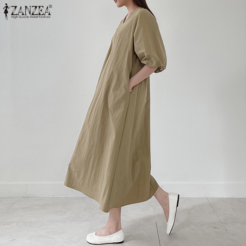 Đầm maxi ZANZEA tay lửng cổ chữ V thời trang Hàn Quốc dành cho bạn nữ