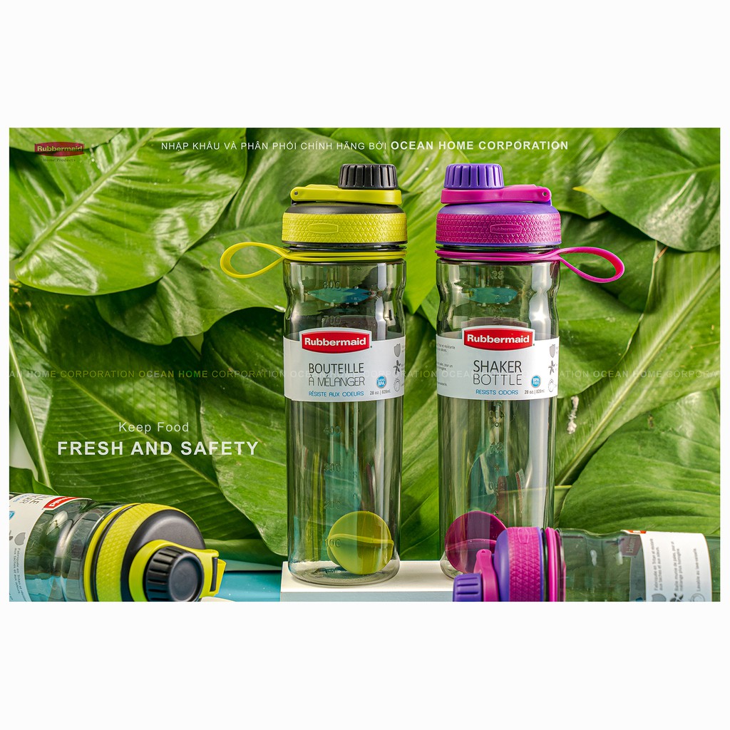 Bình nước SHAKER RUBBERMAID bằng nhựa Tritan chính hãng từ Mỹ 828ml màu tím Hồng/Xanh Lá
