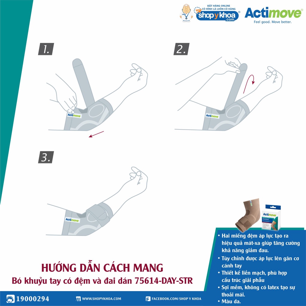 Bó Khuỷu Tay Có Đệm Giảm Đau, Dây Đai Dán Tùy Chỉnh Áp Lực 75614-DAY-STR, Màu Da [Actimove] - Nhập Khẩu Châu Âu (1 Cái)