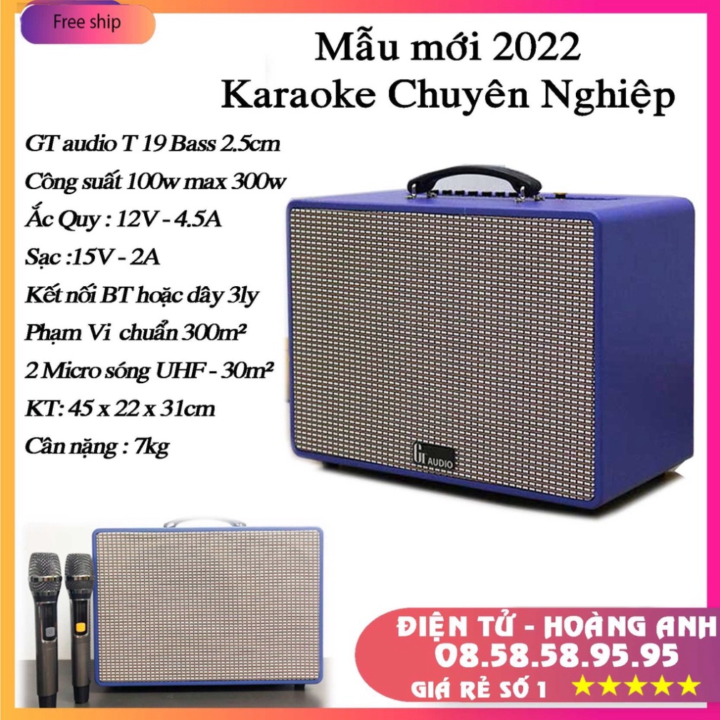 Loa kẹo kéo karaoke GT audio T19 - Bass 2.5 tấc - 300W tặng kèm 2 micro không dây UHF cao cấp