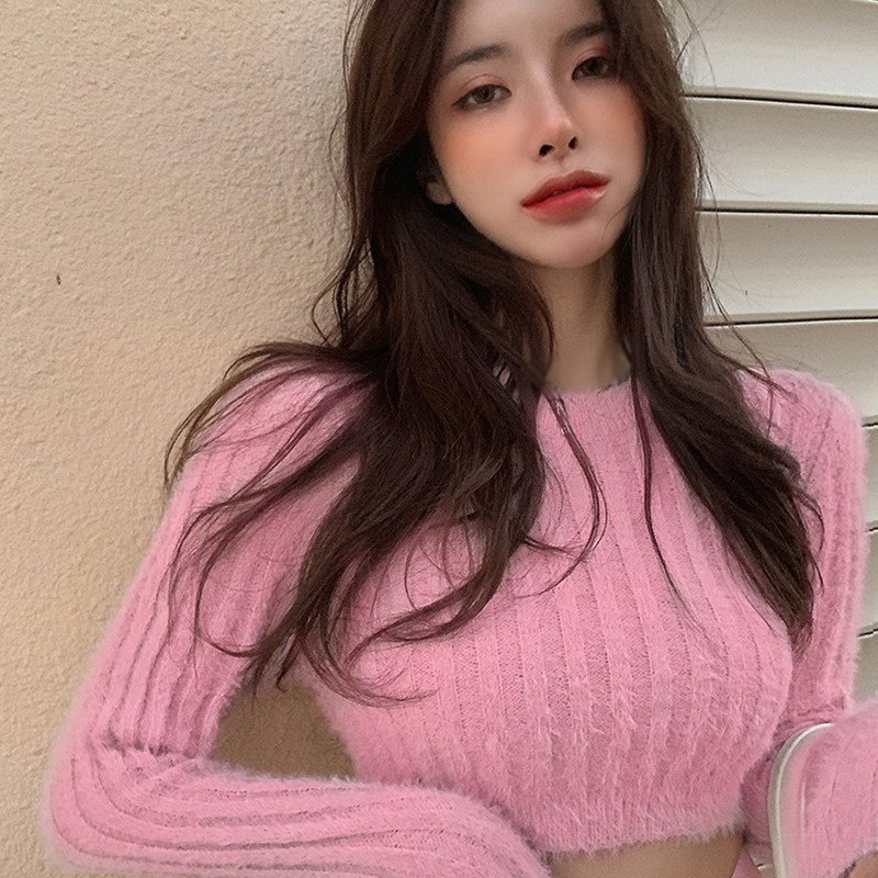 Áo Len Croptop Lông Thú Mềm Mại Tay Dài Cổ Tròn Phong Cách Hàn Quốc Cho Nữ