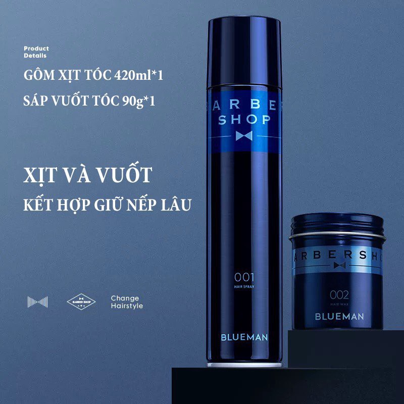 COMBO GEL WAX TẠO KIỂU TÓC + GÔM XỊT GIỮ CỨNG NẾP TÓC BLUEMAN 90g+99g