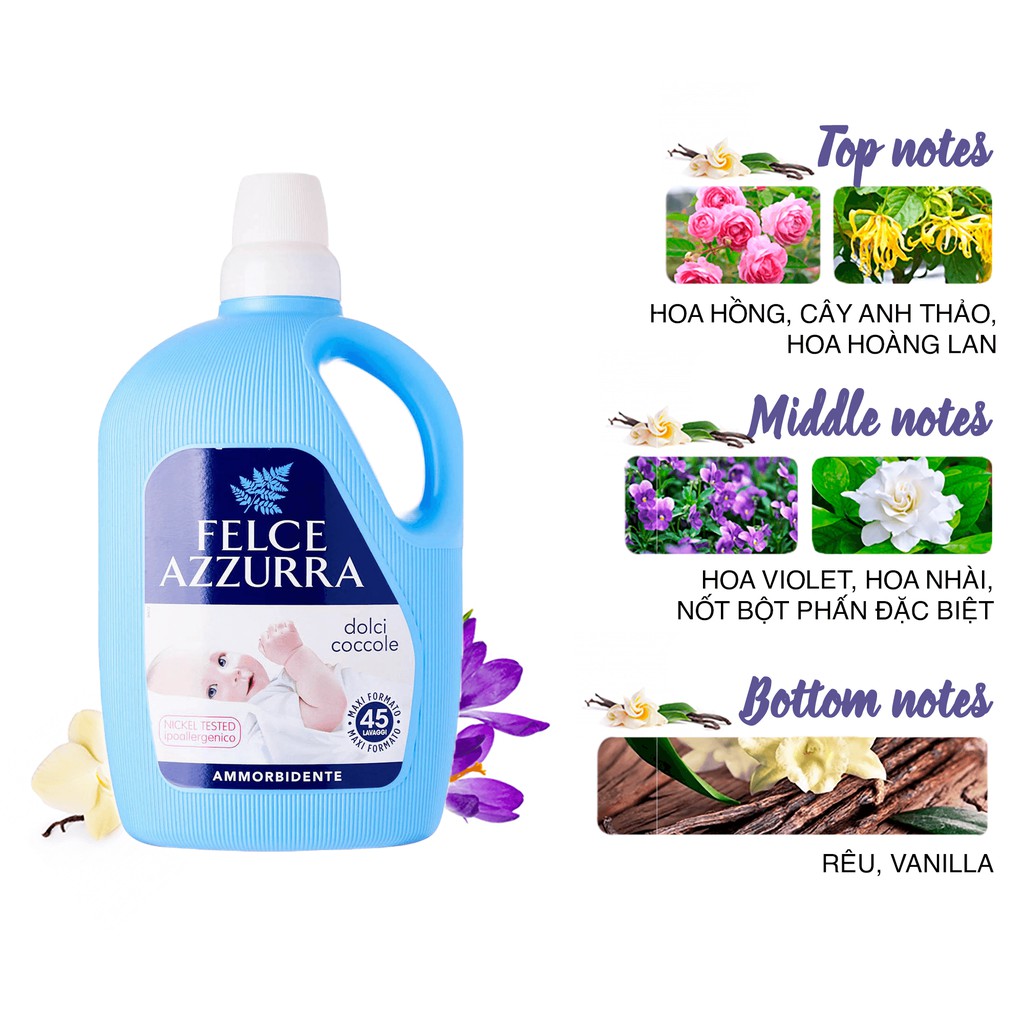 Thùng nước xả vải hương nước hoa Ý Felce Azzurra siêu thơm mềm mại 3L x 4chai, hương cỏ sả, vanilla, hoa hồng, phấn talc