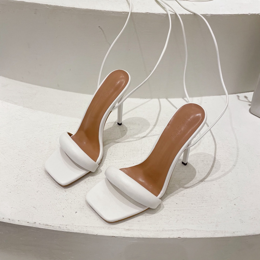 Giày Chiến Binh Nữ rosa fas Guốc Đan Quai Ngang Phồng,Sandal Dây Cột Gót Nhọn 9cm Da Bóng  Buộc Dây CG-0595