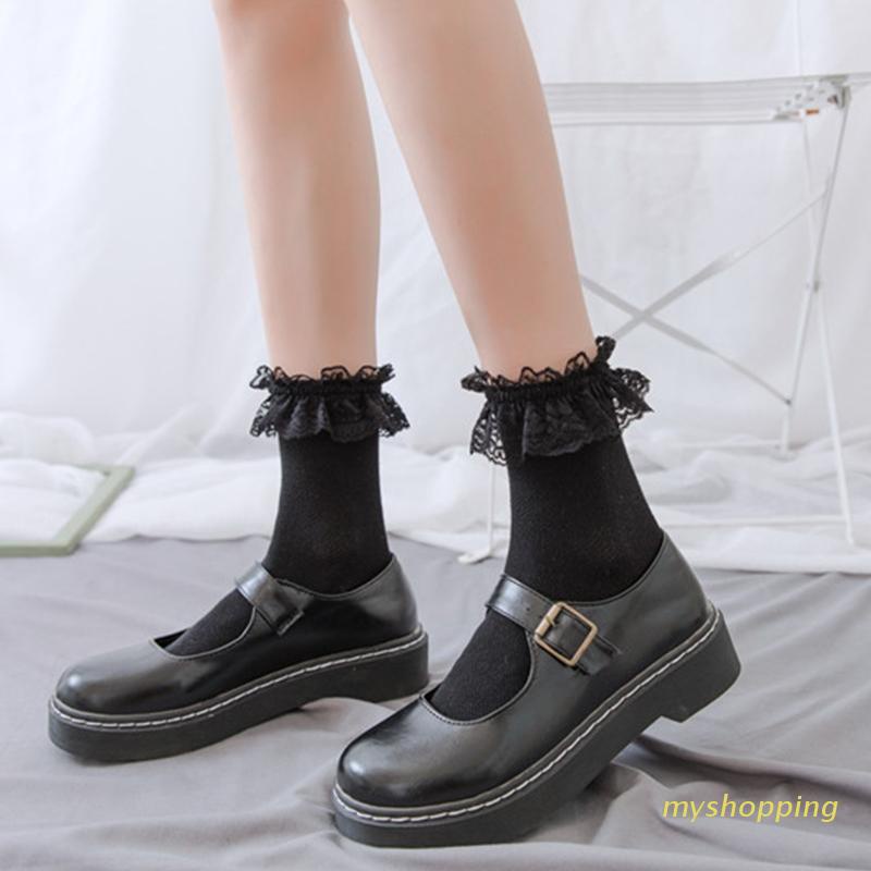 Đôi vớ cotton màu trơn viền ren phong cách Harajuku kiểu Nhật Bản đáng yêu dành cho nữ