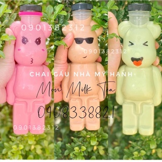 chai nhựa hình Gấu bearick 550ml cổ rộng tặng kèm tem dán + nơ