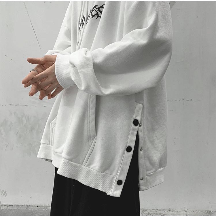 Áo Hoodie In Họa Tiết phối nút bấm chất nỉ bông dày dặn 3 màu Trắng Xám Đen chuẩn form  unisex hình thật tại IN