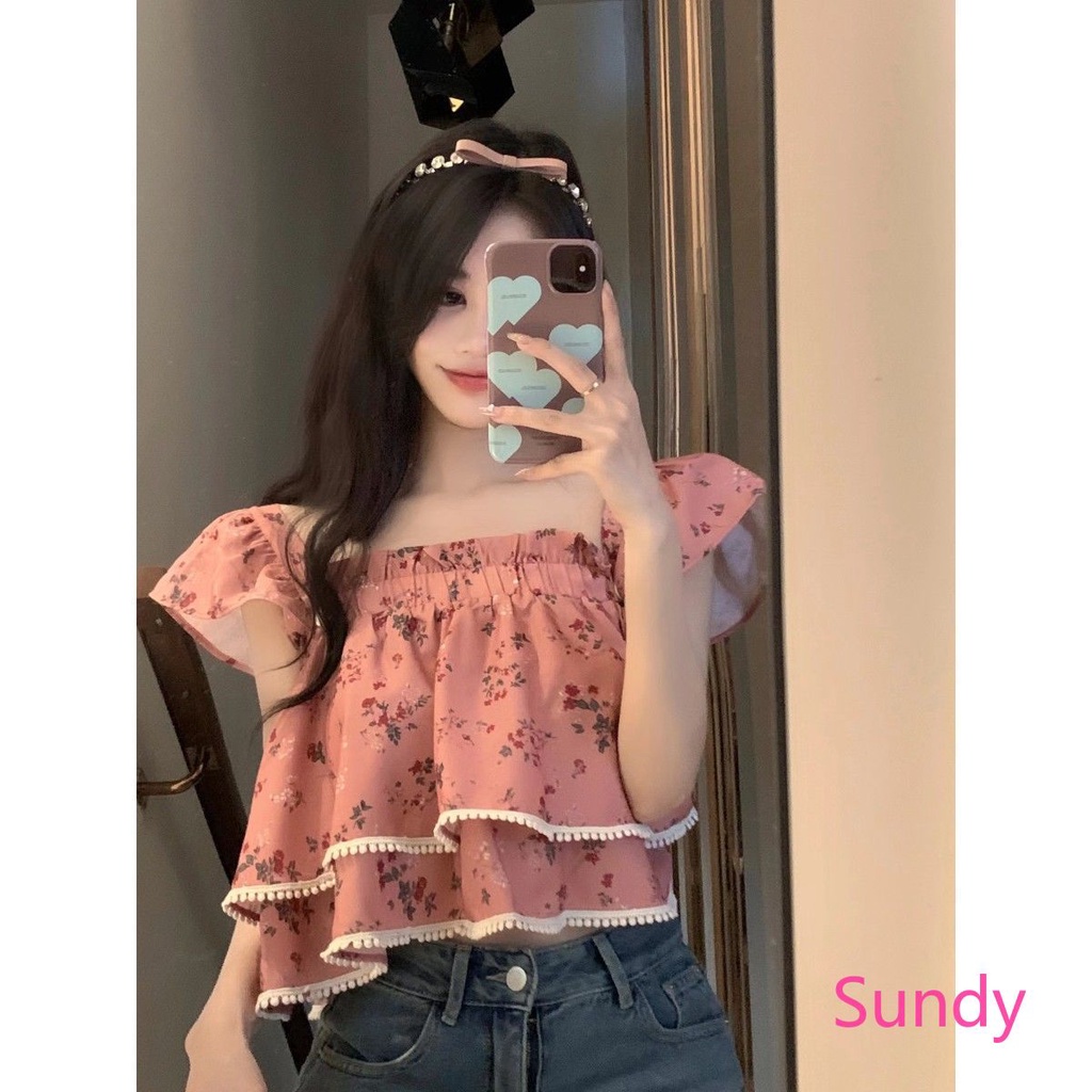 Áo Kiểu Trễ Vai Cổ Vuông In Họa Tiết Hoa Xinh Xắn Thời Trang Mùa Hè Cho Nữ
