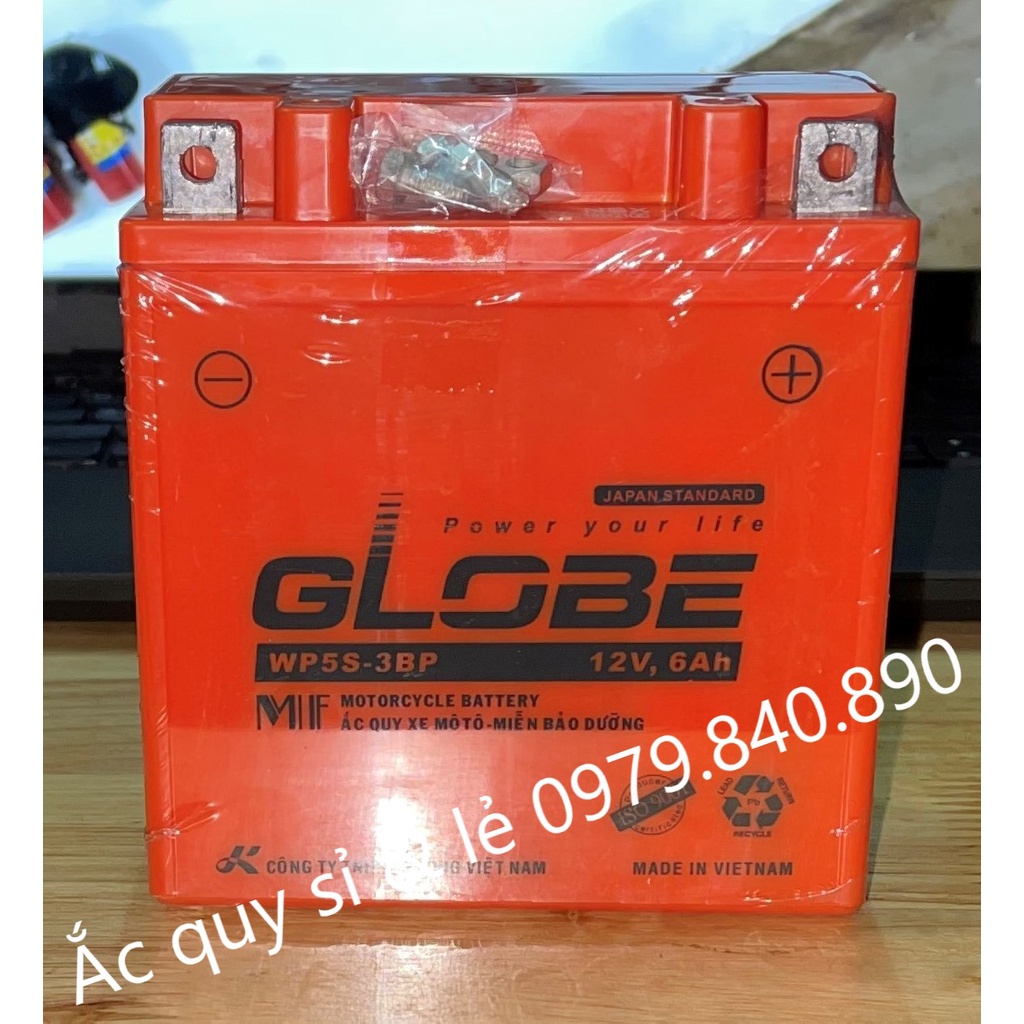 Bình Ắc Quy Khô Globe WP5S-3PB 12v6Ah - Kích thước (mm): 121 x 62 x 131 ( Dài x Rộng x Cao )