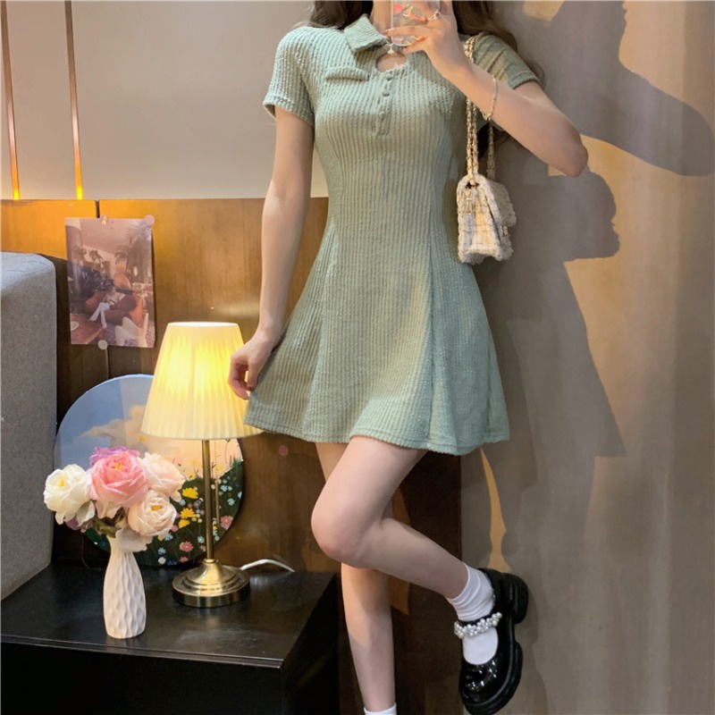 Đầm Tay Ngắn Cổ Áo PoLo Phong Cách Học Sinh Thời Trang Mùa Hè Dành Cho Nữ