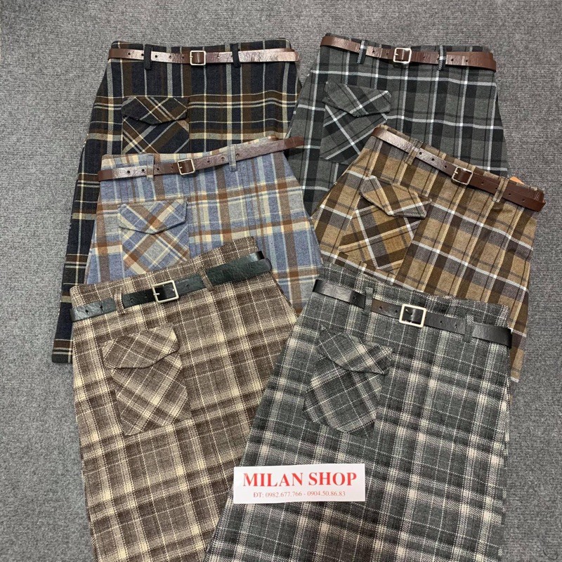 Chân váy dạ dài kẻ kèm đai túi hộp nhiều màu trẻ | BigBuy360 - bigbuy360.vn