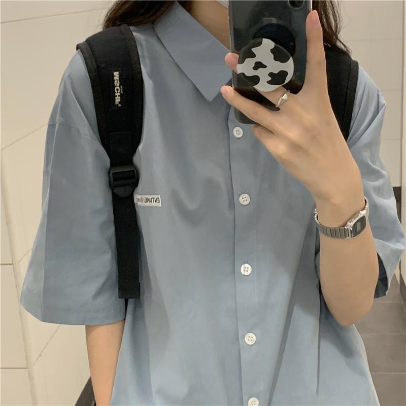Áo sơ mi ngắn tay dáng rộng mùa hè phong cách Hồng Kông thời trang cho nam nữ LKkb