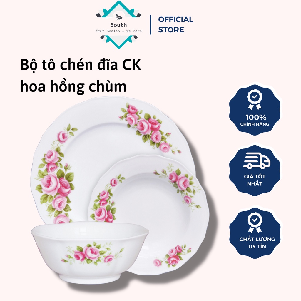 Bộ tô chén dĩa hoa hồng chùm gốm sứ cao cấp CK
