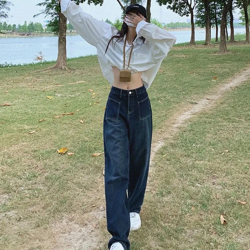 Quần Jean Dài Lưng Cao Ống Rộng Thiết Kế Mới Thời Trang Mùa Thu Dành Cho Nữ